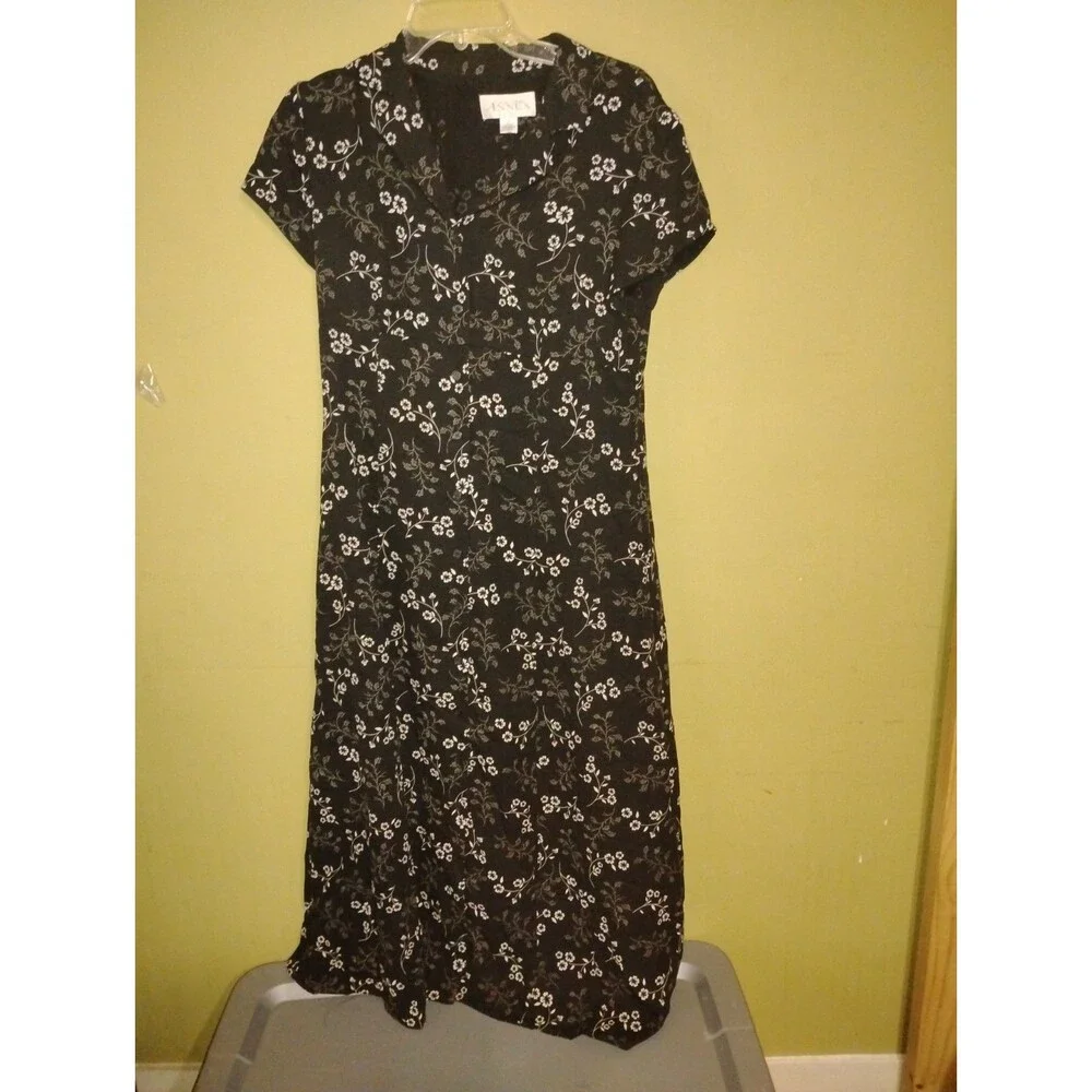 Casual Corner Annex Black White Floral Maxi Dress Sweetheart Collar Button Vneck - Picture 12 of 12